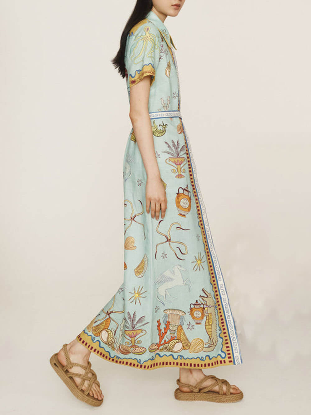 Robe chemise longue d'été à imprimé océan, style surréaliste moderne et unique