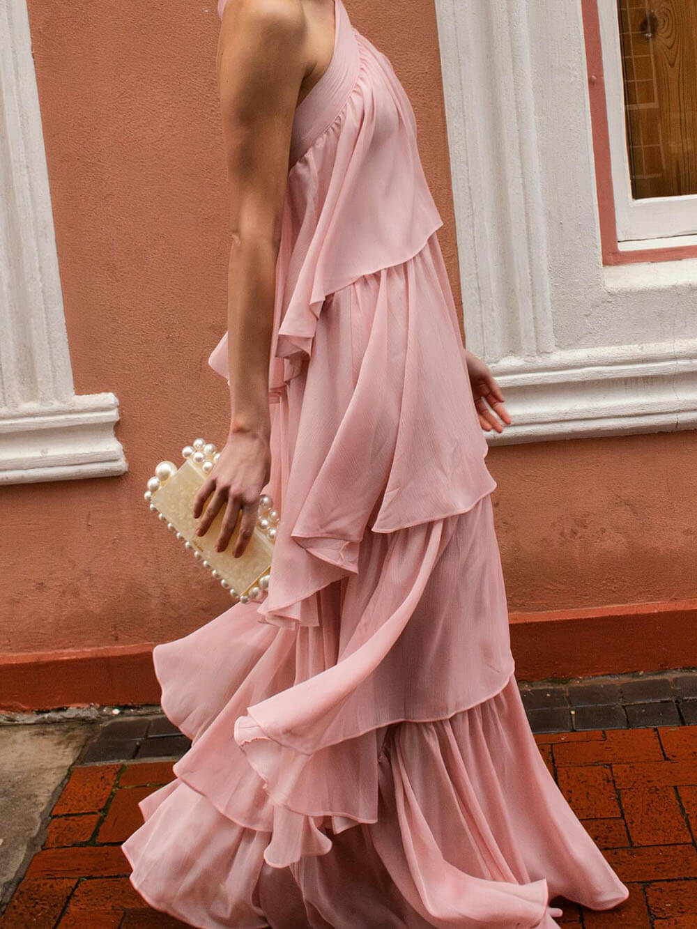 Refinement Light Pink Halter-Neck Ruffle Maxi Dress
