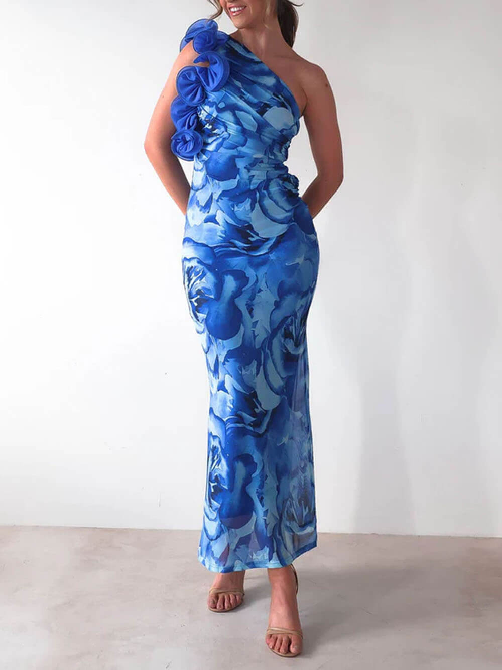 Vestido de fiesta sexy, elegante, sin mangas, con estampado floral tridimensional y corte entallado