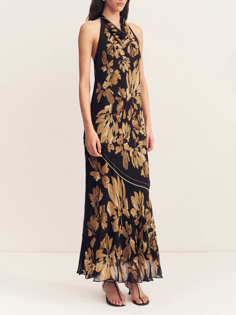 Delicate Floral Print Open Back Bleached Tie Maxi Dress