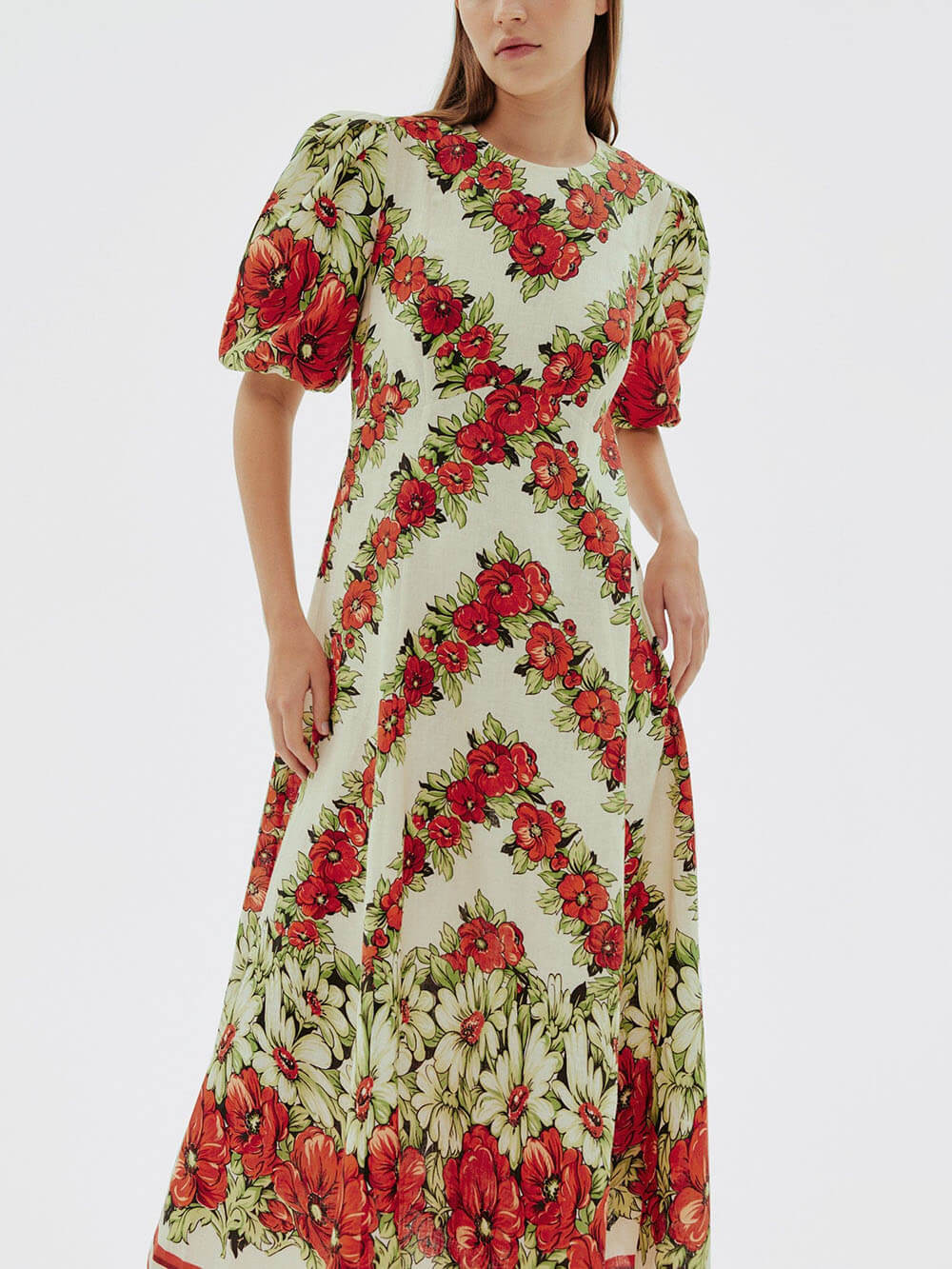 Classic Modern Floral Print Puff Sleeve A-Line Midi Dress