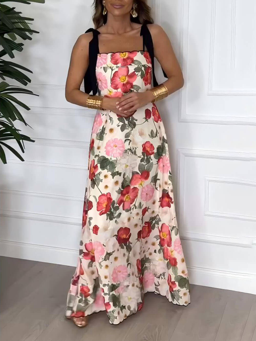 Elegant Floral Print Suspender Strap Maxi Dress