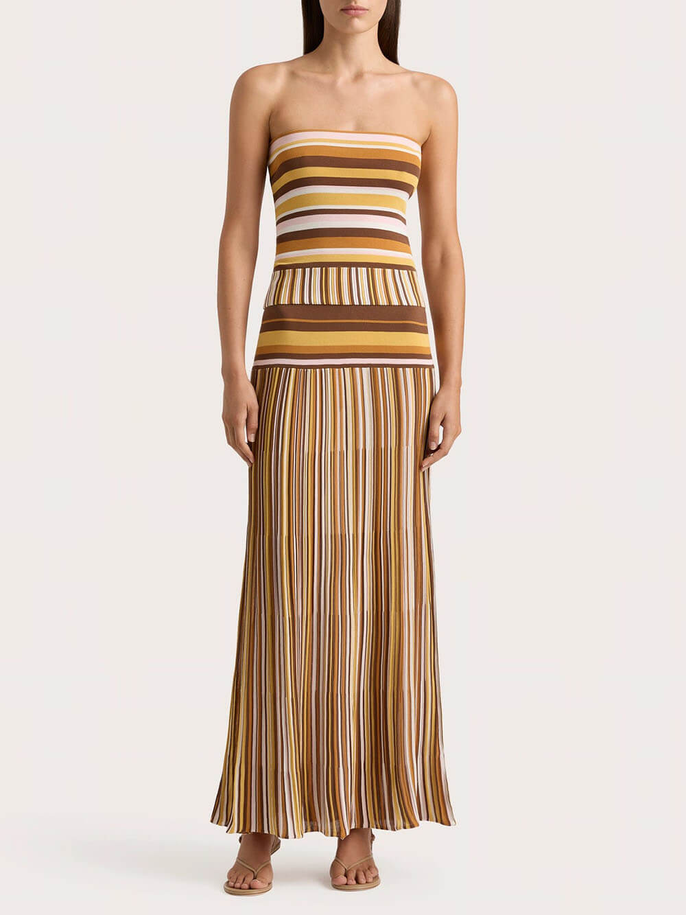 Exquisite Strapless Striped Printed Pleated Maxi Dress