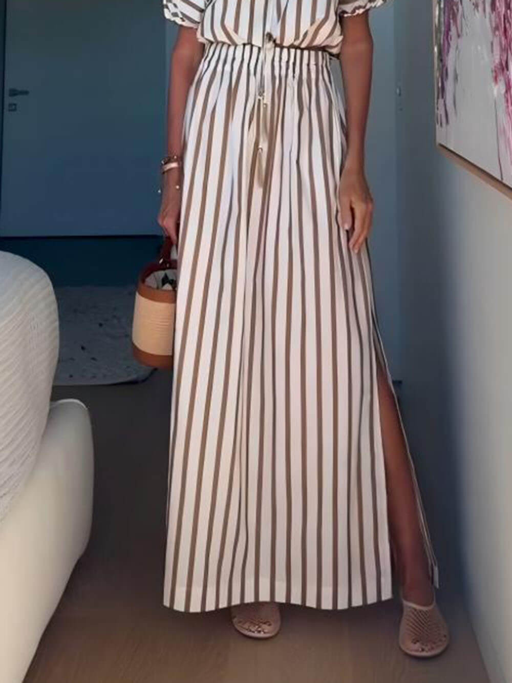 Exquisite Unique Striped Print Drawstring Loose Tops