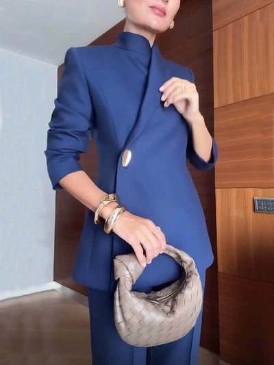 Fashionable Stand Lapel Neck Metal Button Long Sleeve Blazer DressSoul