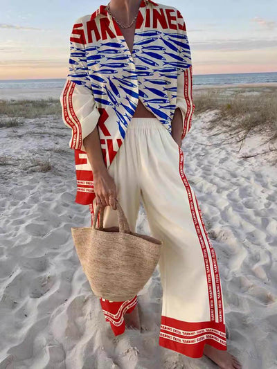 Unique Casual Print Loose Oversized Shirt Wide-Leg Pants Set DressSoul