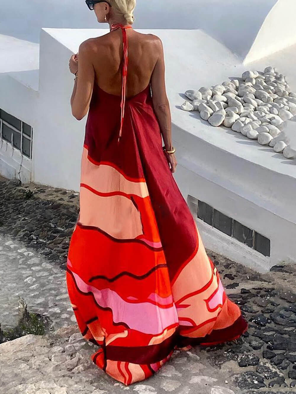 Robe longue trapèze dos nu imprimée style vacances d'été