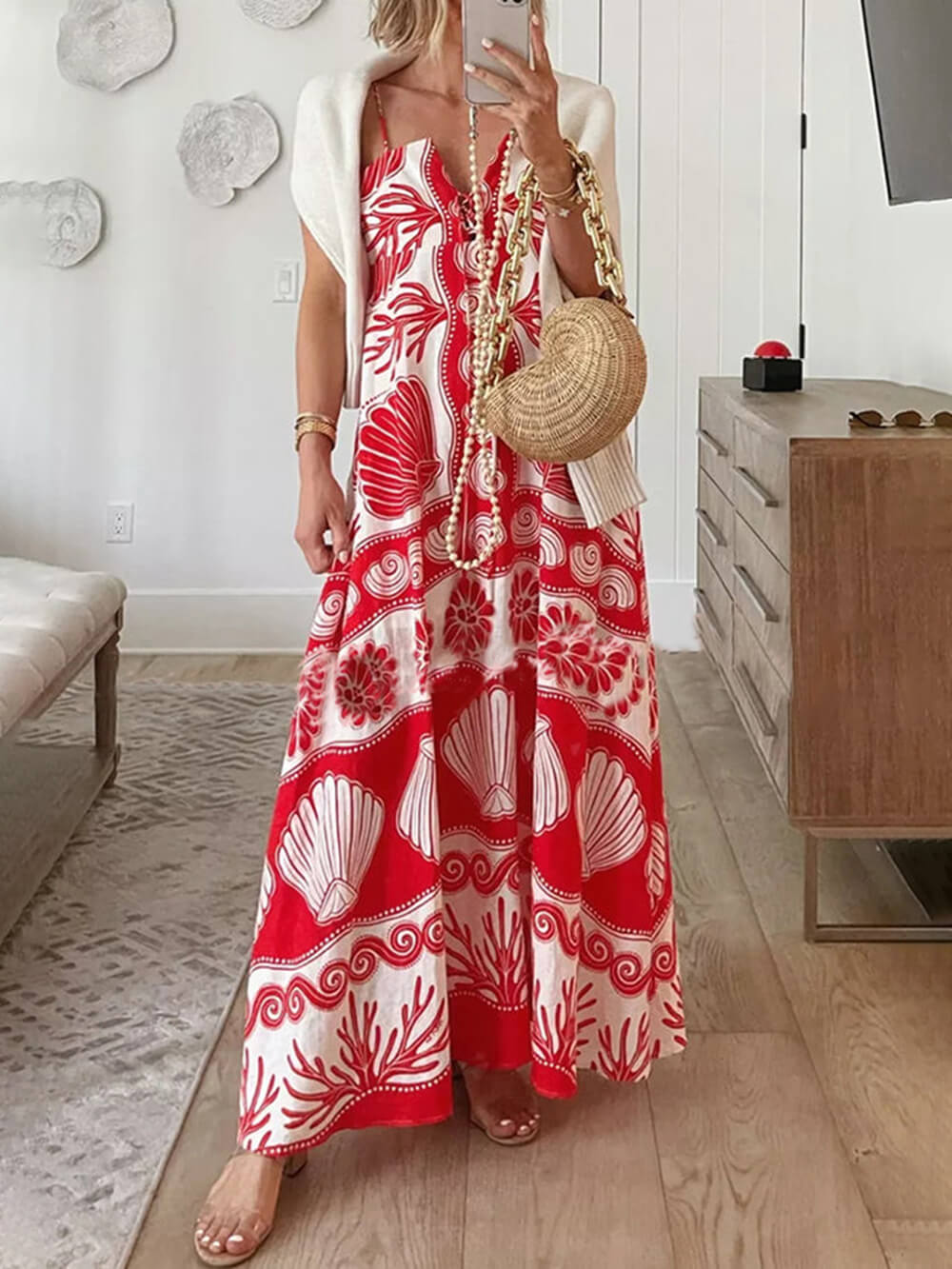 Robe longue ample à lacets et imprimé coquillage unique sur le devant