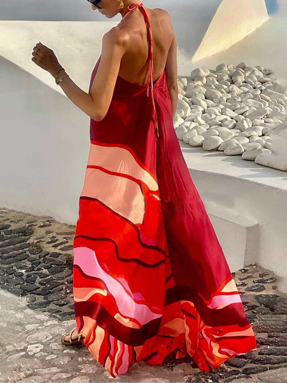 Robe longue trapèze dos nu imprimée style vacances d'été