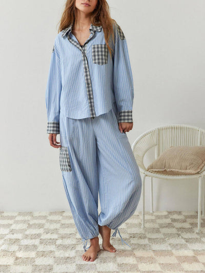 Sky Blue Loose Splice Pajama Set DressSoul
