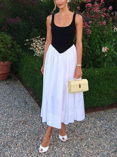 Classic Retro Contrast Color Stitching Pleated Vest Dress DressSoul