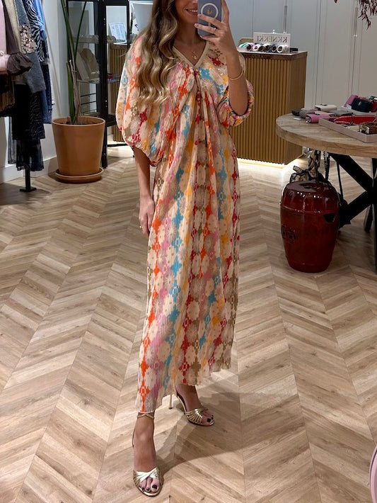 Robe midi plissée à manches bouffantes et imprimé mosaïque unique