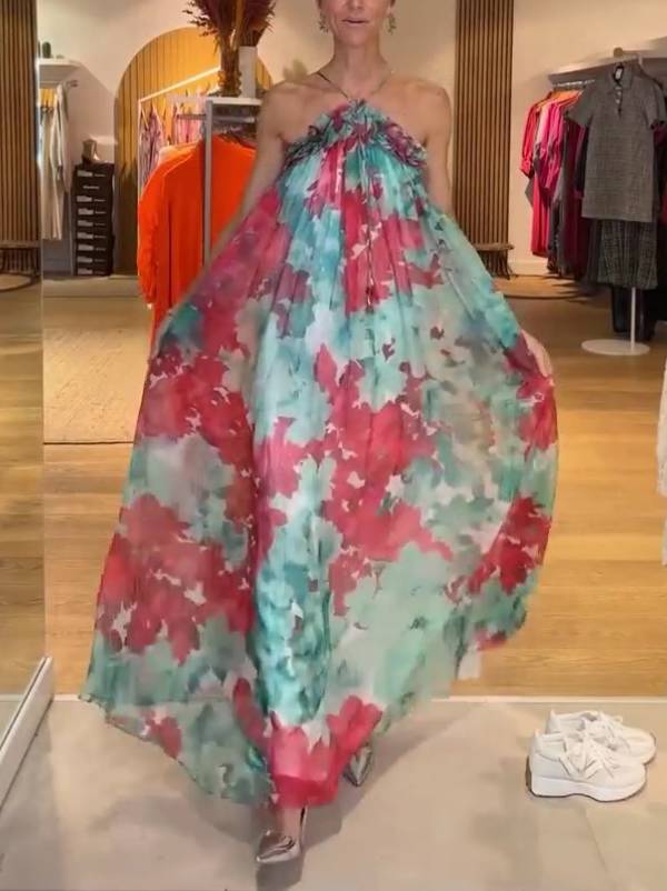 Halter Neck 3D Flower Print Dress