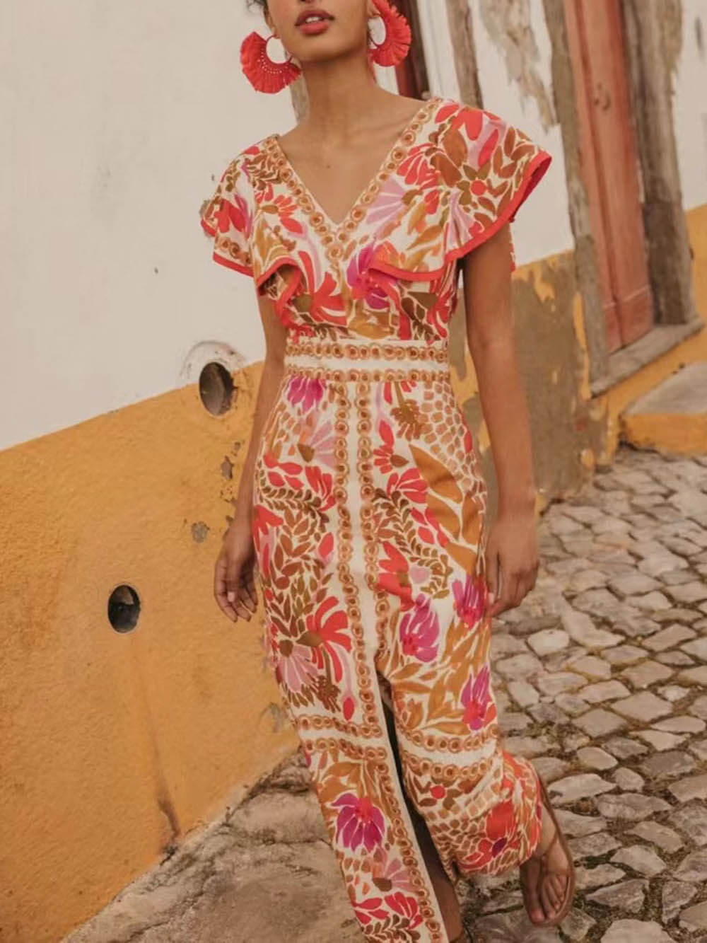 Robe dos nu à volants et col en V tendance