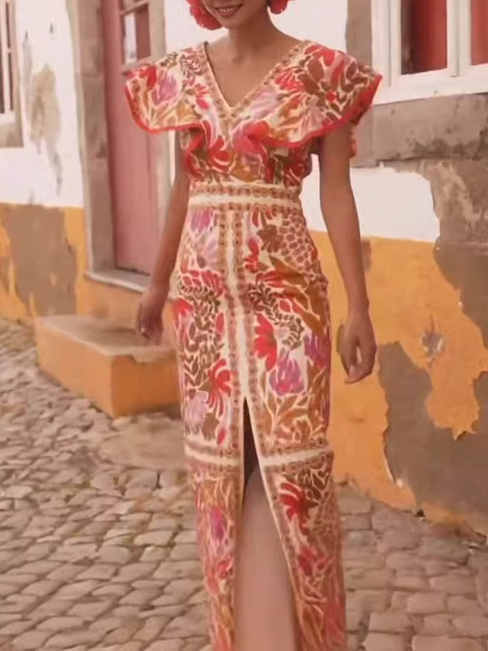 Robe dos nu à volants et col en V tendance