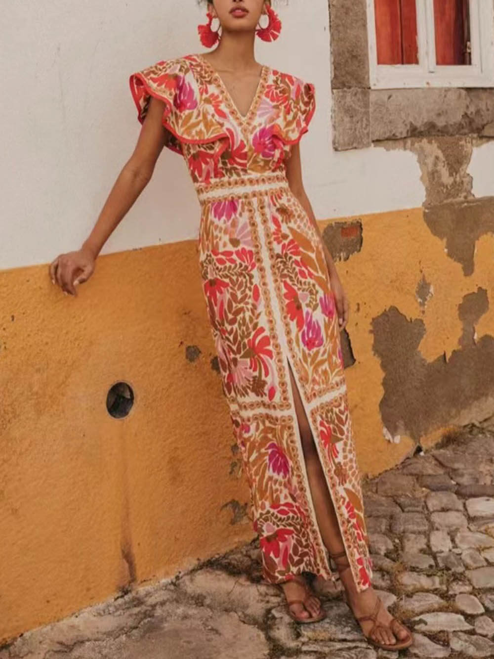 Robe dos nu à volants et col en V tendance