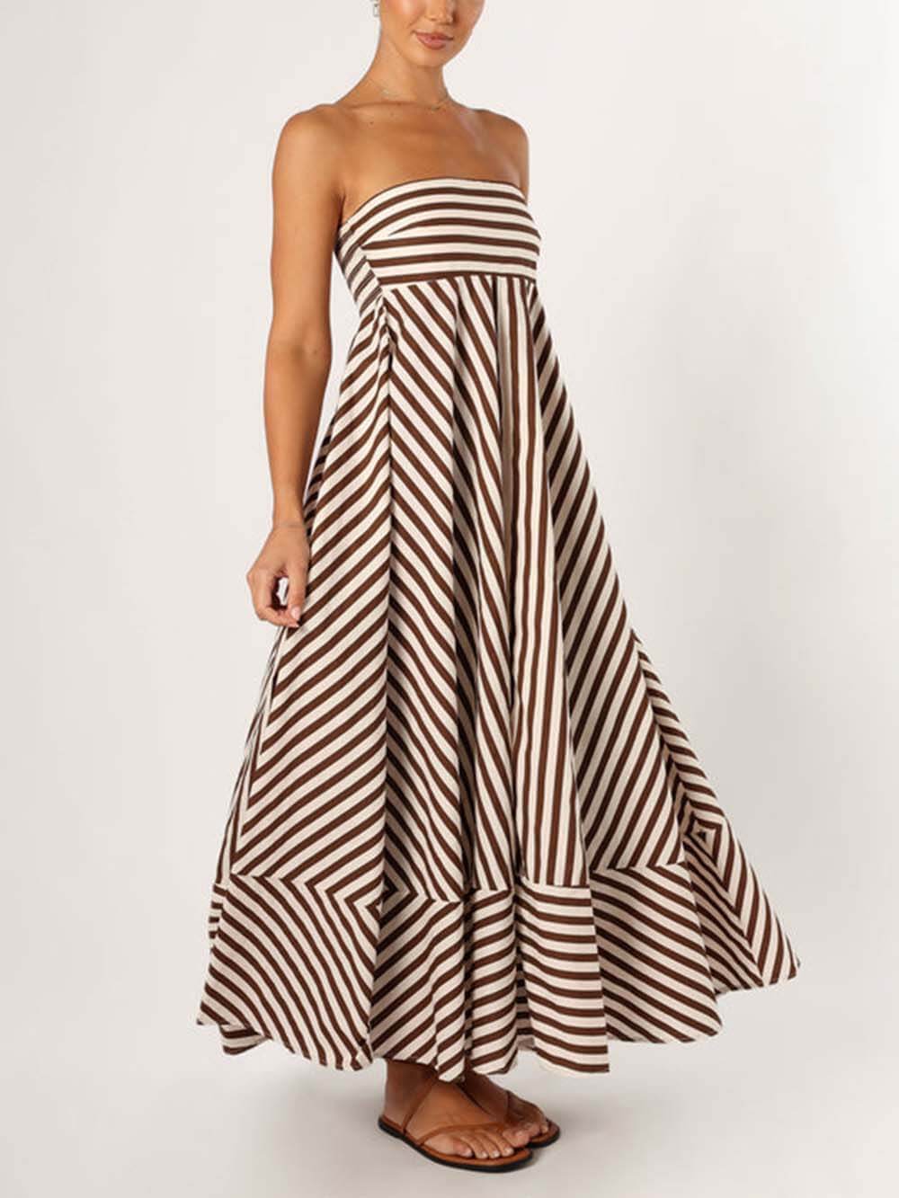 Robe longue sans bretelles élégante à rayures bandeau et blocs de couleurs