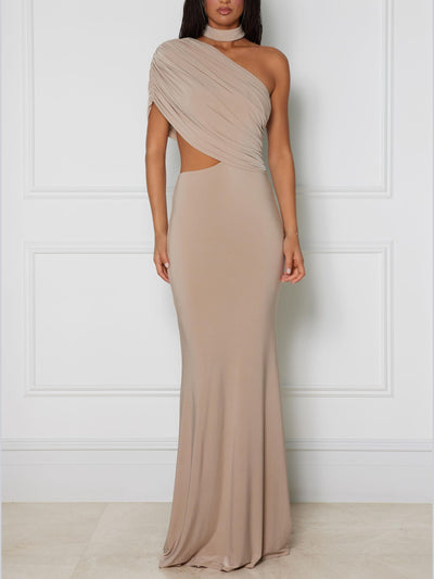 Elegant One-Shoulder Cutout Draped Maxi Dress DressSoul