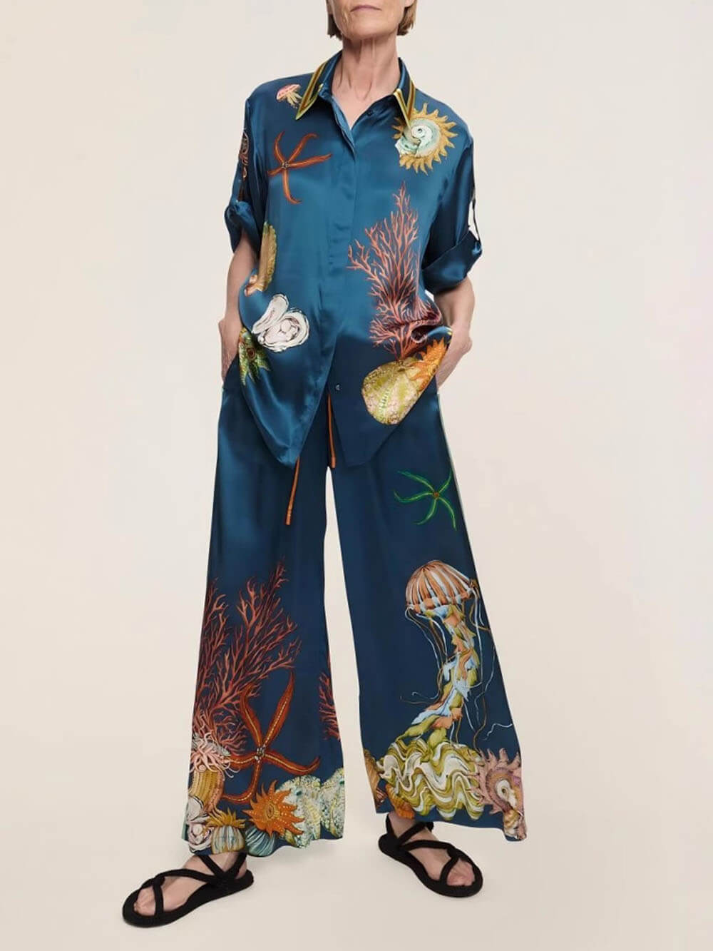 Classic Modern Feel Unique Satin Ocean Animal Print Drawstring Elastic Pocket Wide Leg Pants