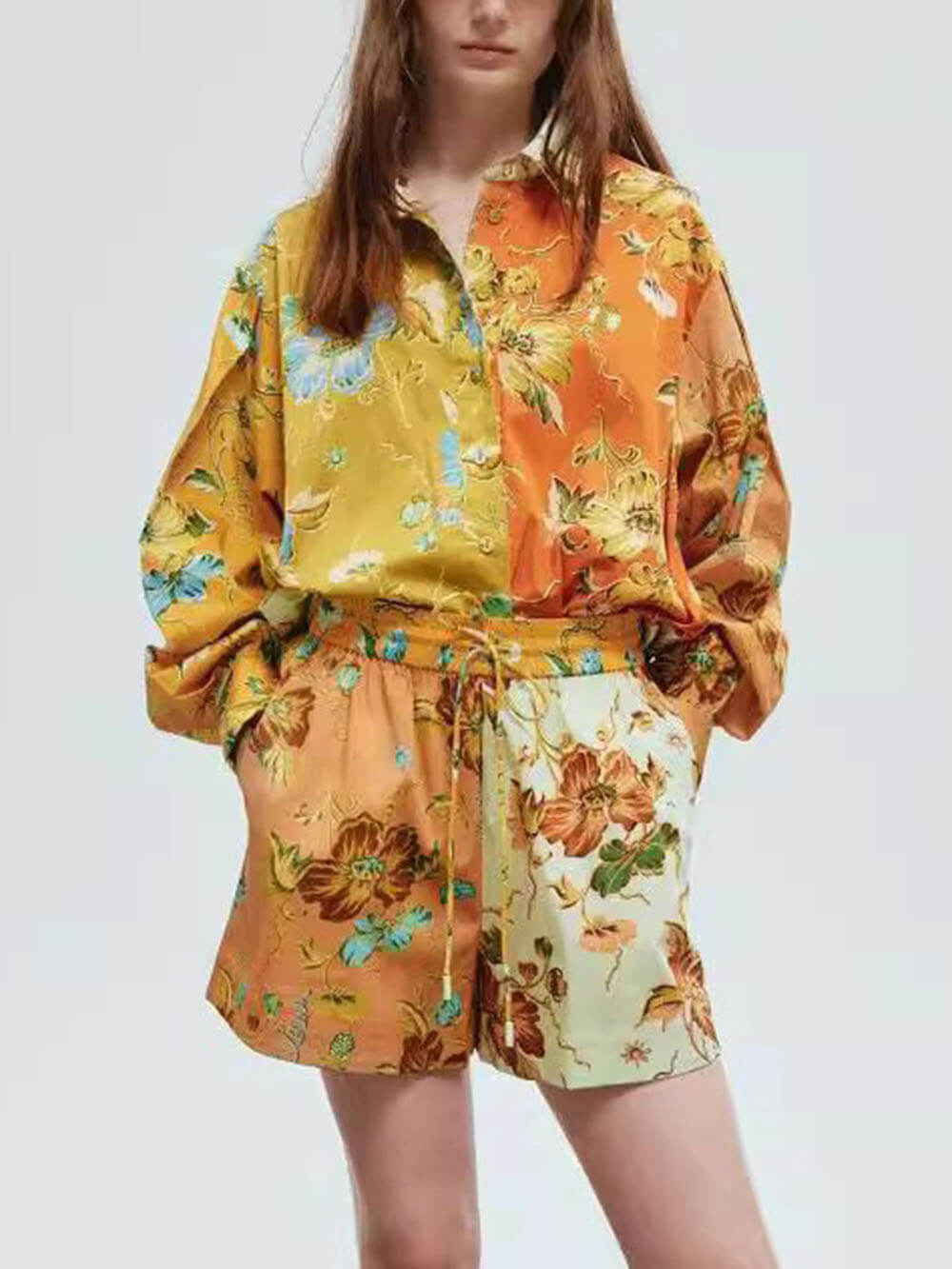 Casual Fashion Unique Print Button Shirt Elastic Drawstring Shorts Set