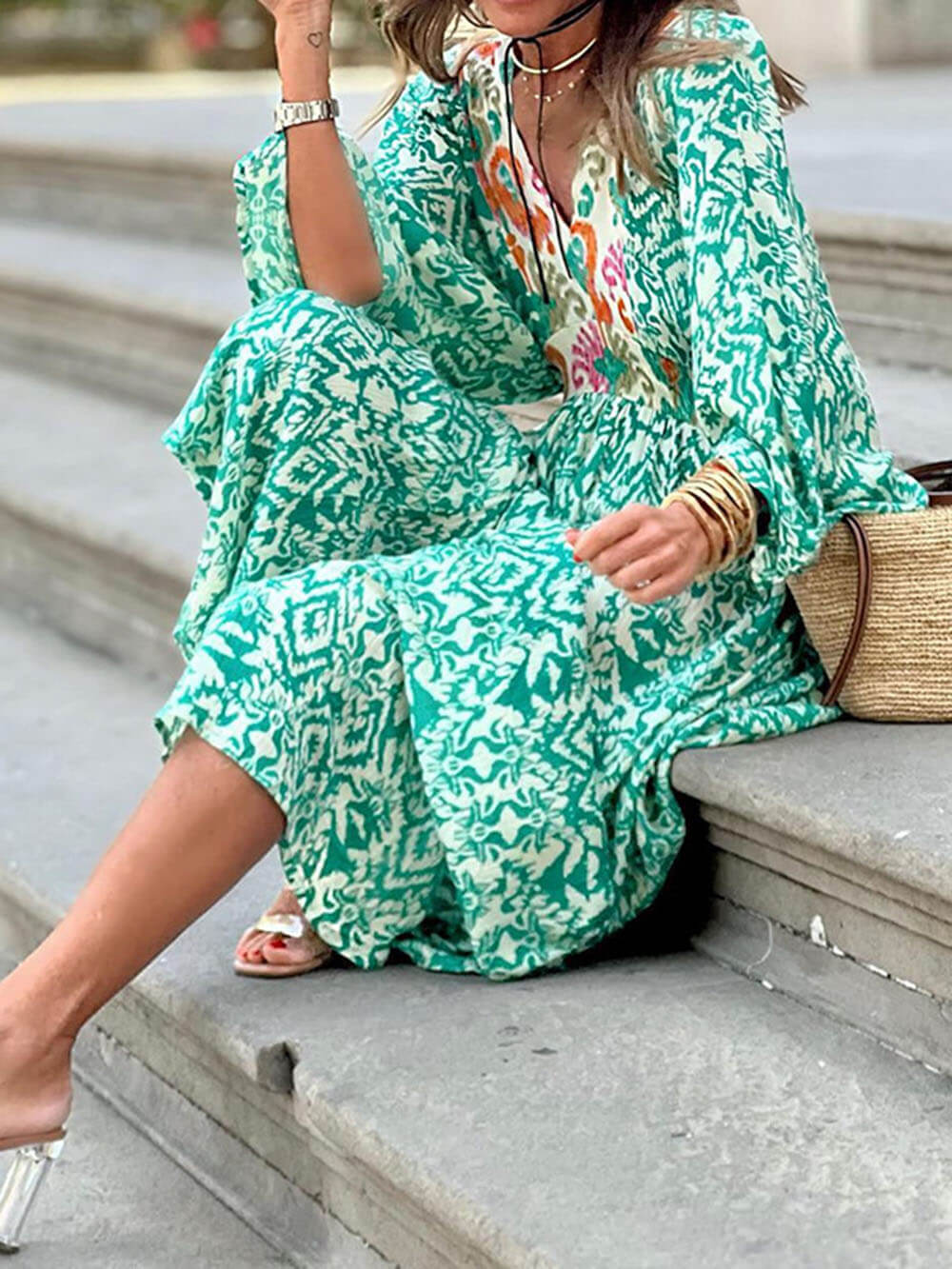 Vestido largo con cuello en V, moderno e informal, con estampado de bloques de color