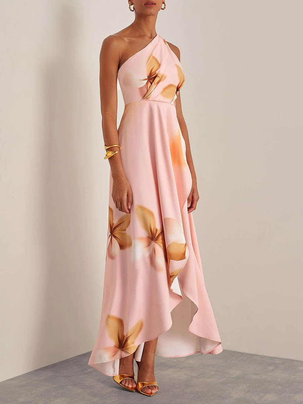 Elegant Off-Shoulder Pleated Large Floral Print Slit Party Maxi Dress