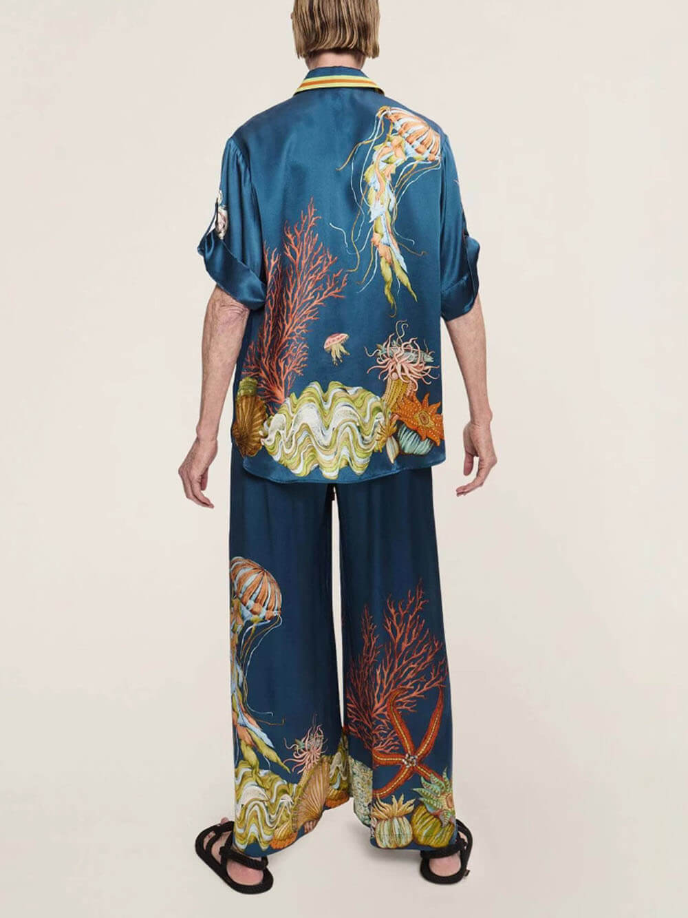 Classic Modern Feel Unique Satin Ocean Animal Print Drawstring Elastic Pocket Wide Leg Pants