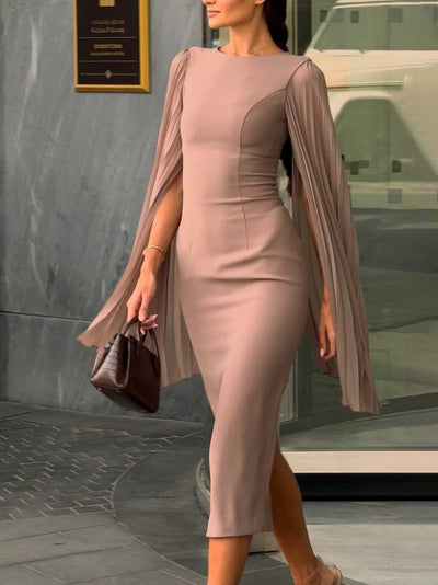 Elegant Pleated Cape Sleeve Midi Dress DressSoul