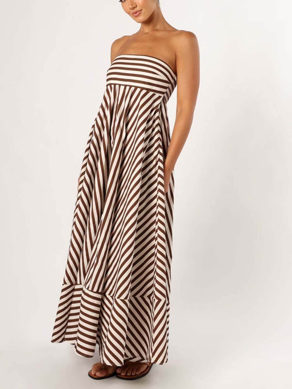 Robe longue sans bretelles élégante à rayures bandeau et blocs de couleurs
