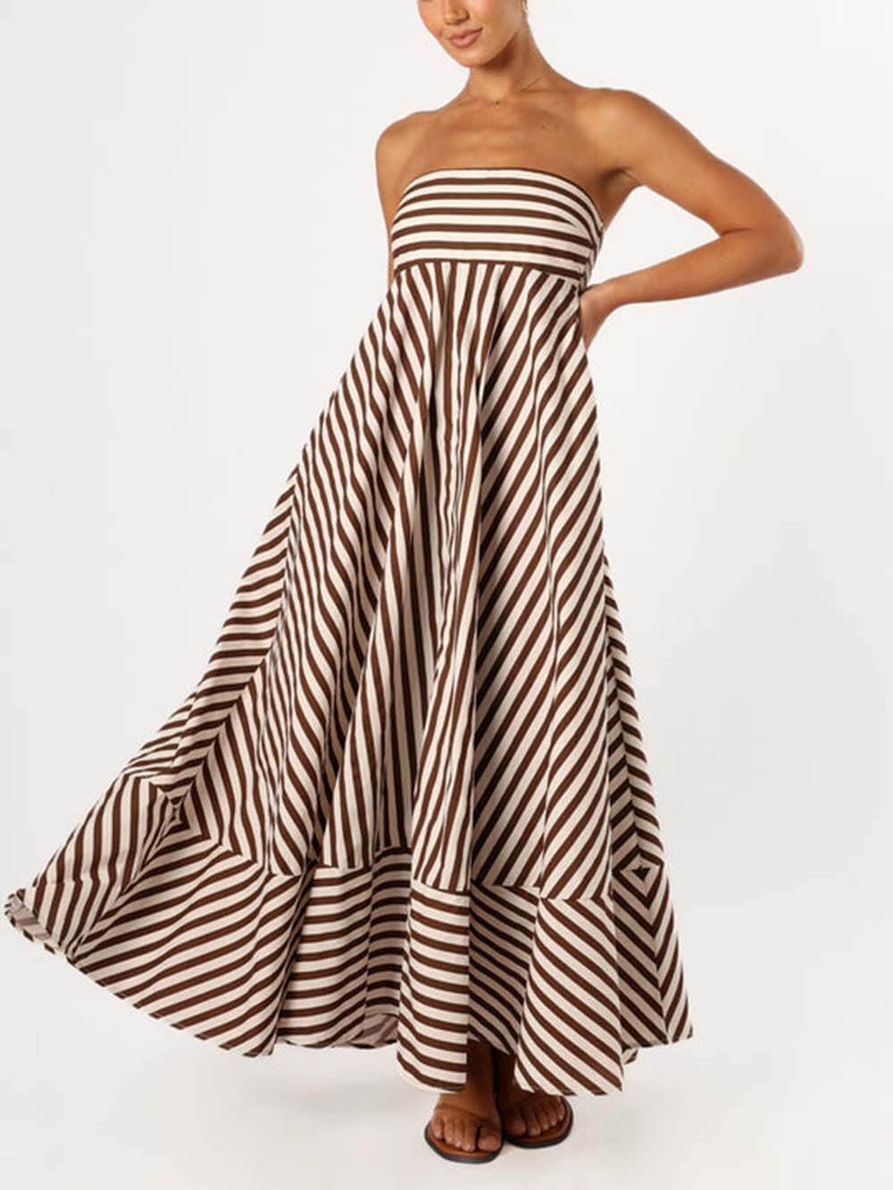 Robe longue sans bretelles élégante à rayures bandeau et blocs de couleurs
