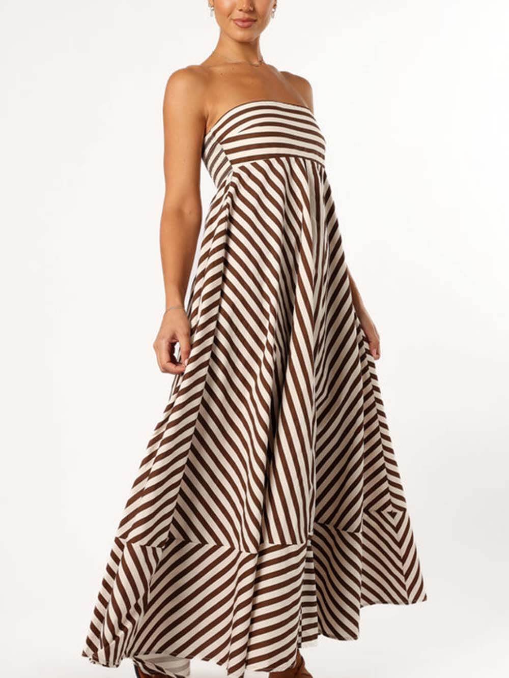 Robe longue sans bretelles élégante à rayures bandeau et blocs de couleurs