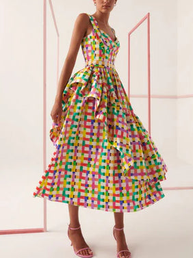 Rainbow Color Check Print Suspender Dress