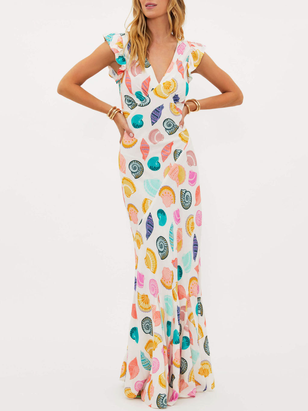 Robe longue à col en V et imprimé coquillages