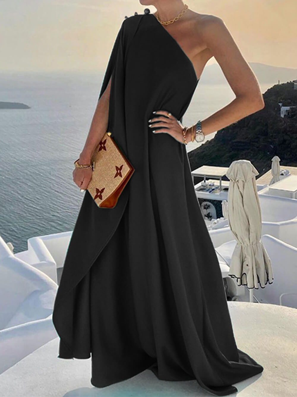 Robe longue ample à une épaule, couleur unie, tendance