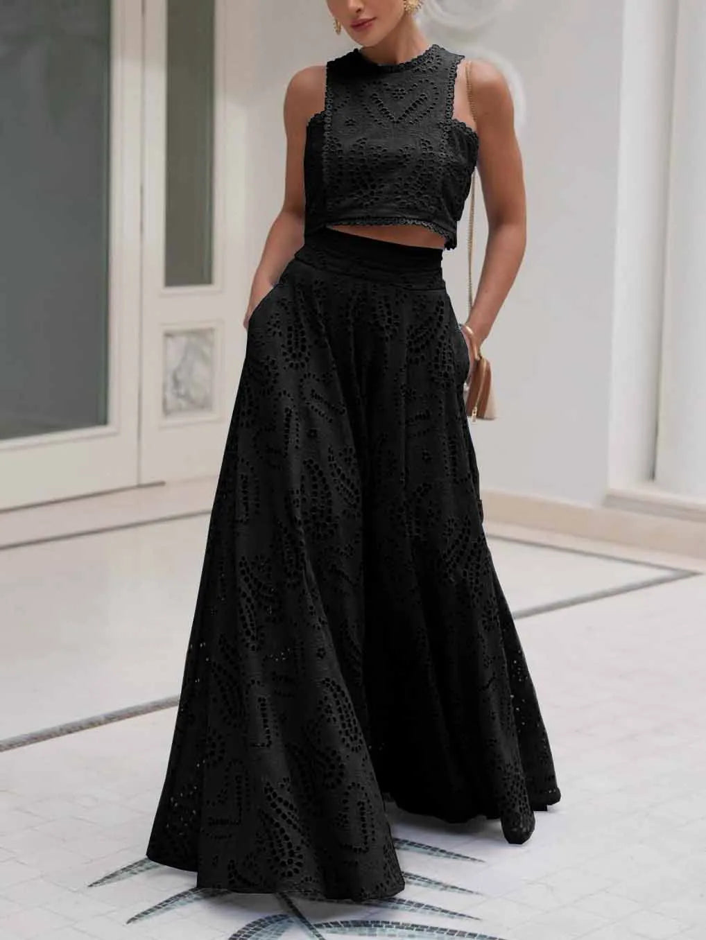 Exquisite Sleeveless Embroidered Hollow Lace Top & skirt