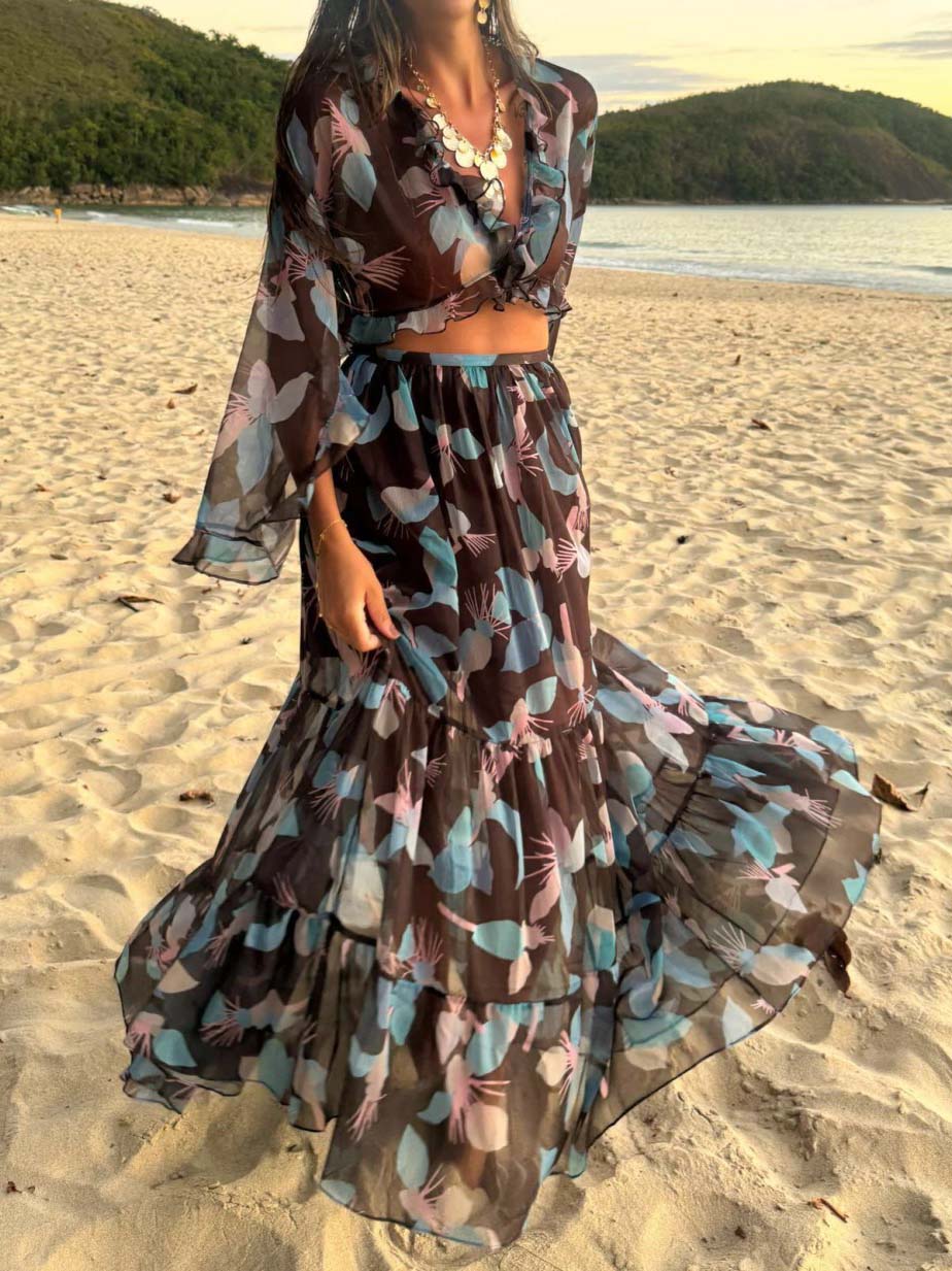 Casual Floral Print Beach Skirt Two-Piece Set