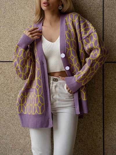 Casual Street Stripe Button Braided Contrast V-Neck Cardigan DressSoul