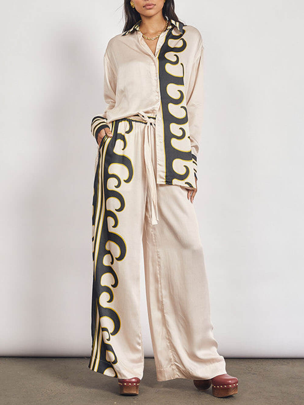 Modern Satin Unique Print Drawstring Elastic Waist Pocket Wide Leg Pants