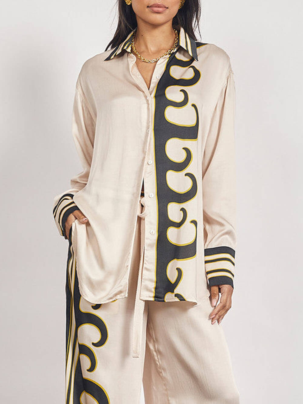 Modern Satin Unique Print Drawstring Elastic Waist Pocket Wide Leg Pants