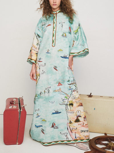 Modern Satin Art Island Print Slit Maxi Dress DressSoul