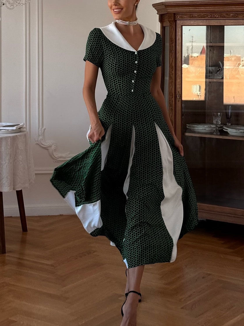 Retro Contrast Collar A-line Midi Dress