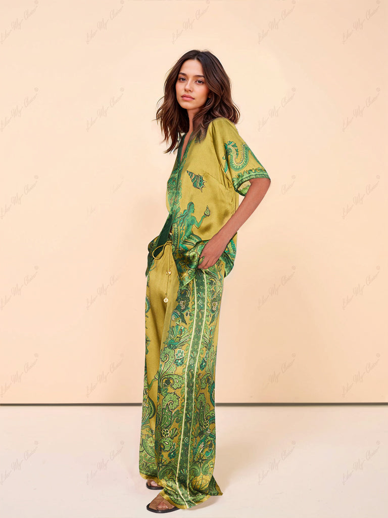 Exquisite Satin Unique Floral Print Button Down Loose Shirt