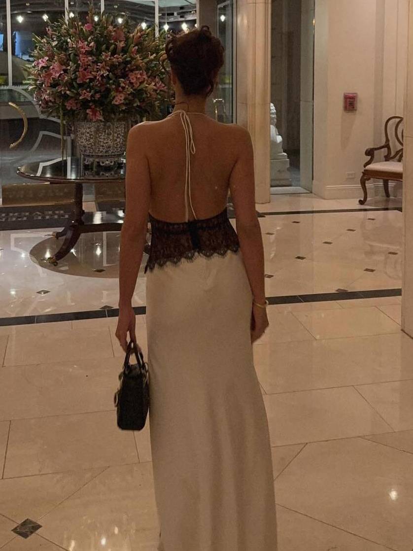 Halter Neck Lace Stitching Maxi Dress
