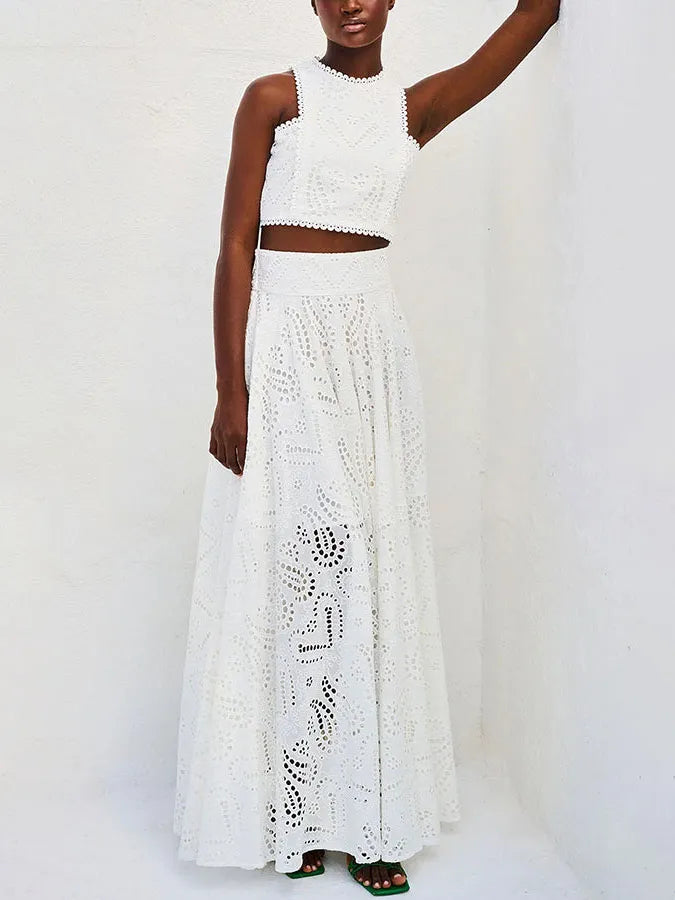 Exquisite Sleeveless Embroidered Hollow Lace Top & skirt