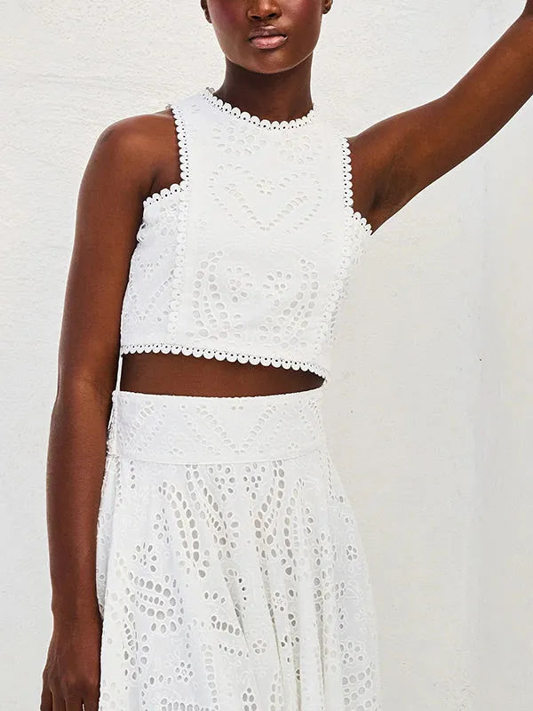 Exquisite Sleeveless Embroidered Hollow Lace Top & skirt
