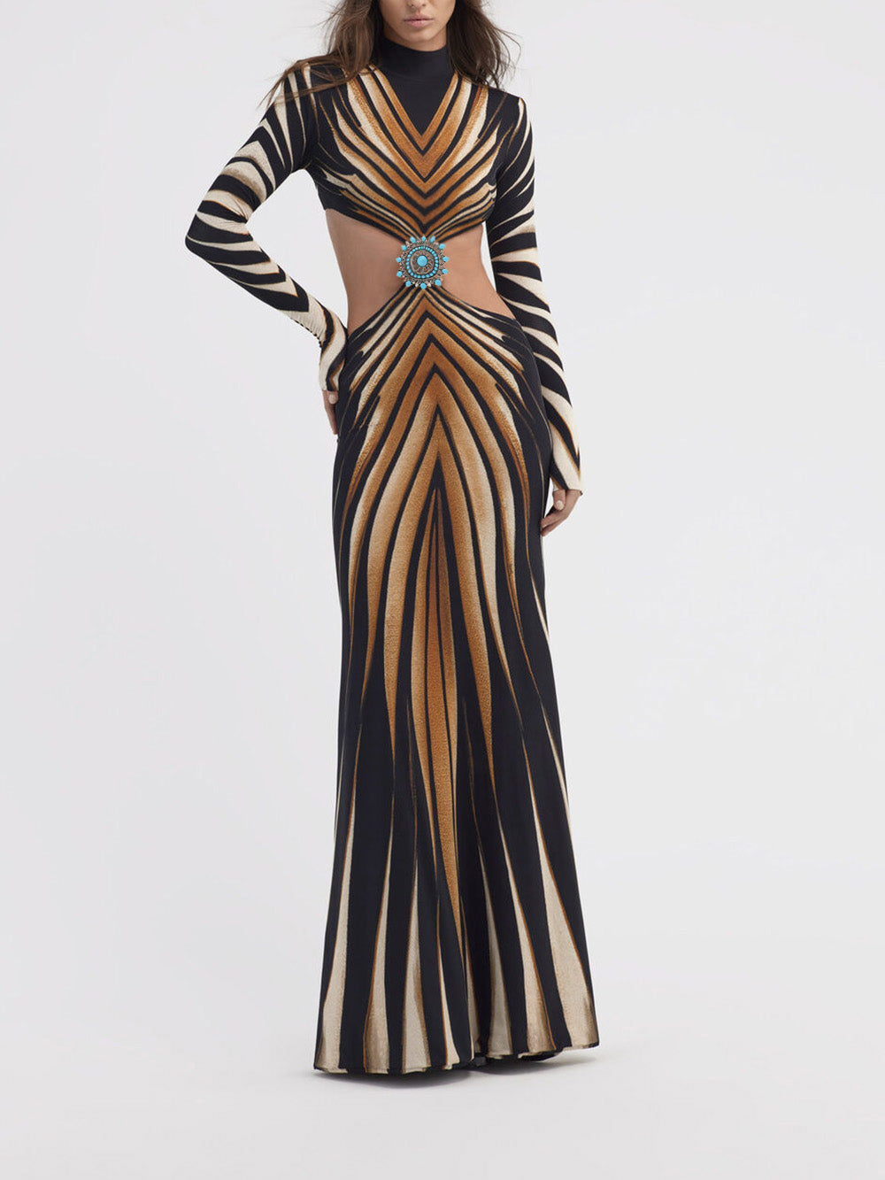 Robe longue en maille ajourée à imprimé doré