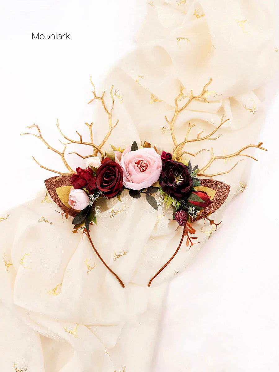 Burgundy Flower Christmas Reindeer Headband