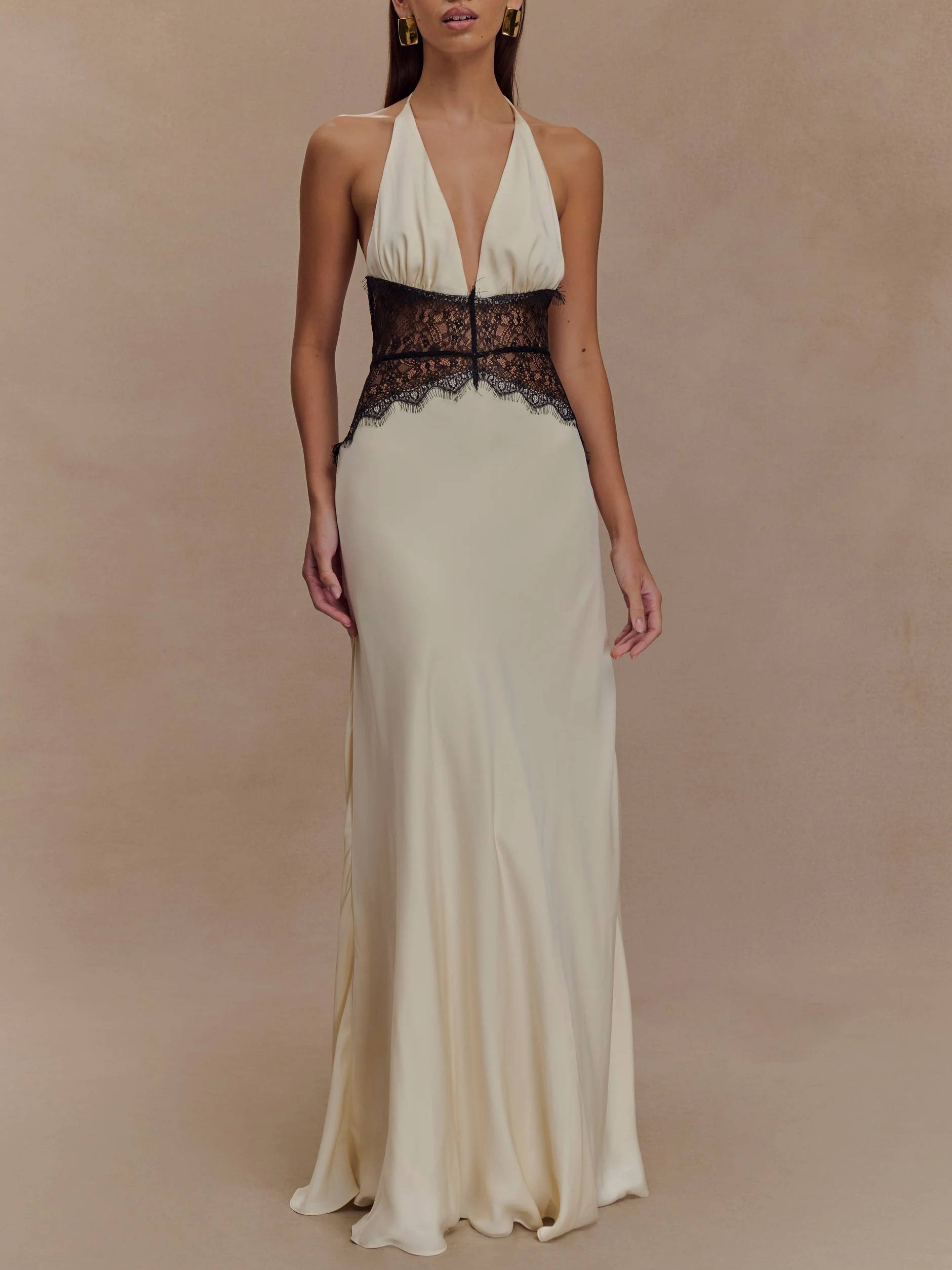 Halter Neck Lace Stitching Maxi Dress
