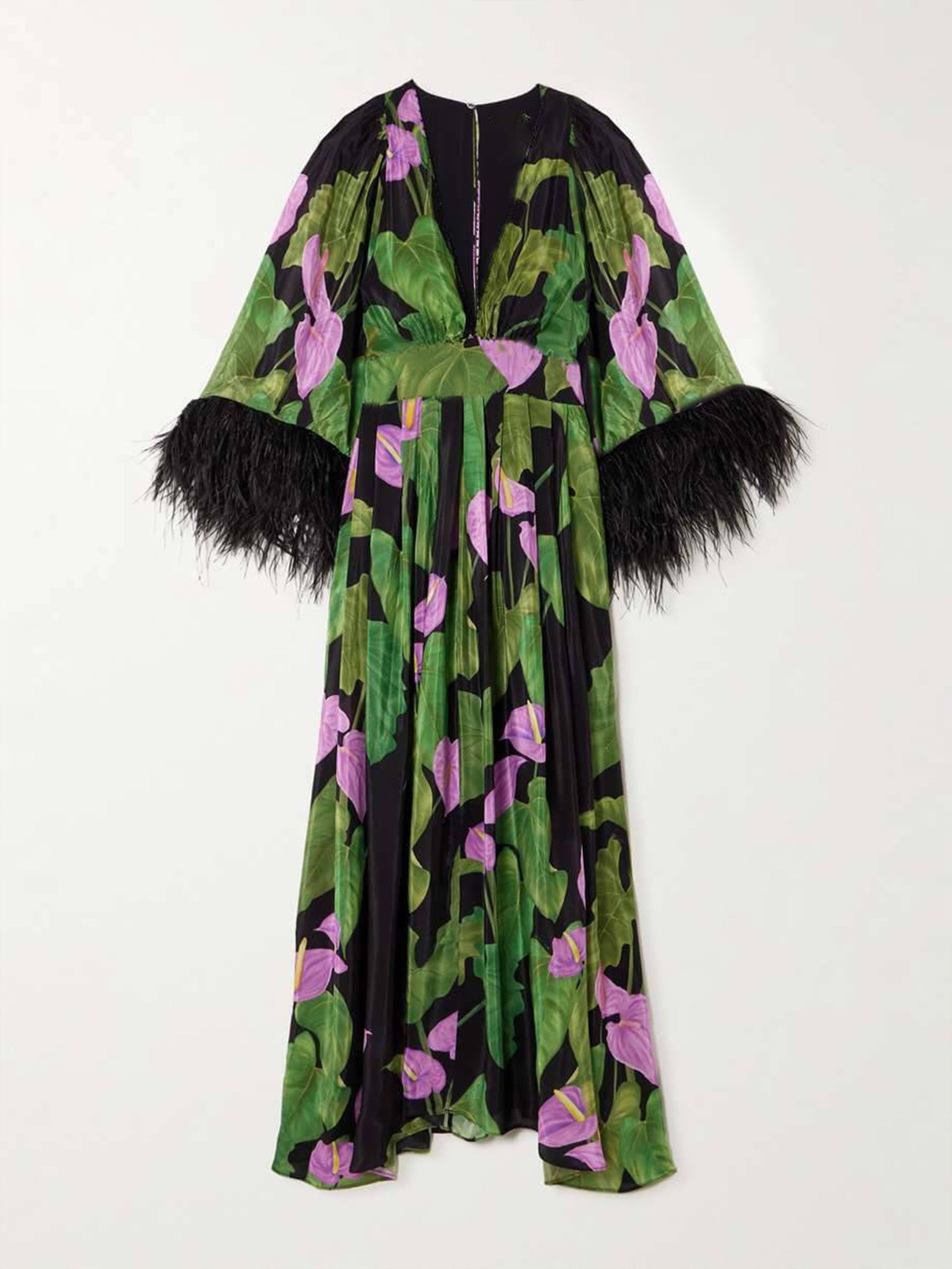 Robe longue fluide à imprimé floral et bordure en plumes élégante