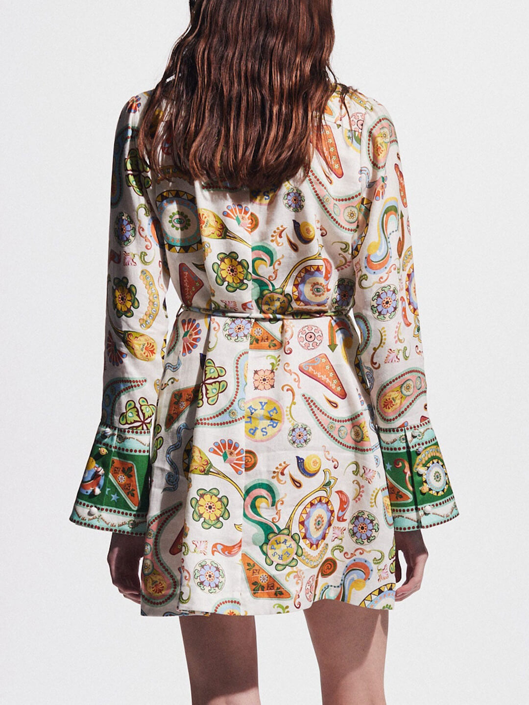 Mini-robe imprimée à manches trompette, exquise et tendance